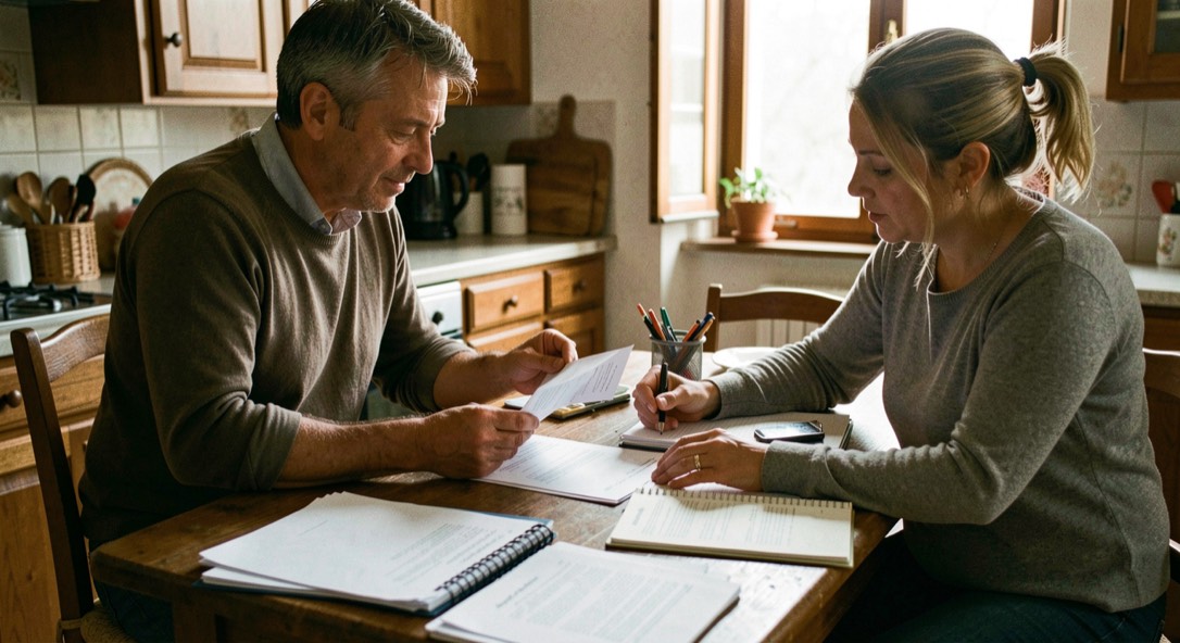 Coppia adulta che organizza documenti finanziari e spese familiari su un tavolo di cucina italiano senza guardare la fotocamera