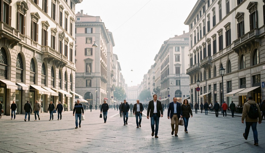 Veduta mattutina di Piazza Affari a Milano con passanti e luce naturale, fotografia editoriale senza loghi in primo piano