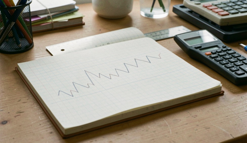 Quaderno a quadretti con una serie storica tracciata a matita, righello e calcolatrice su una scrivania ordinata