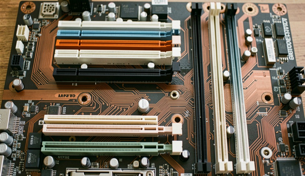 Scheda madre di un computer vista dall’alto con slot di espansione di lunghezze diverse e piste in rame visibili