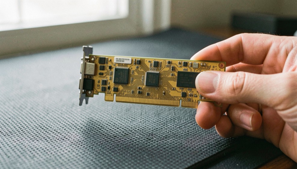 Primo piano dei contatti dorati di una scheda PCI Express tenuta in mano sopra un tappetino antistatico