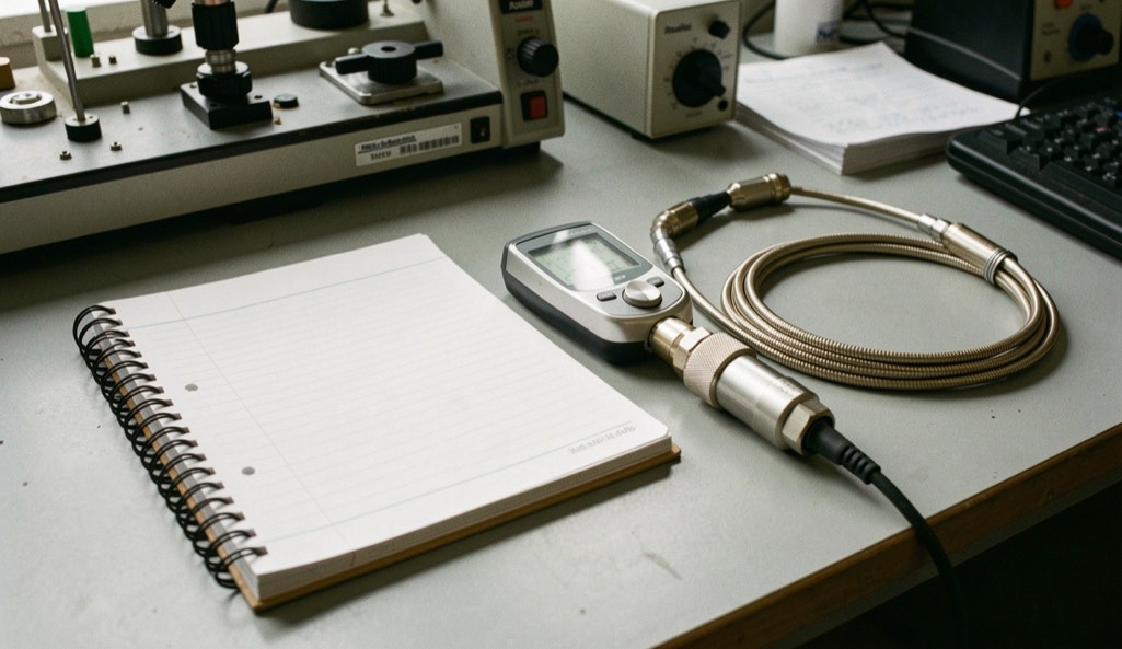 Quaderno a spirale aperto accanto a una sonda di misura e a un cavo coassiale su un banco da laboratorio grigio