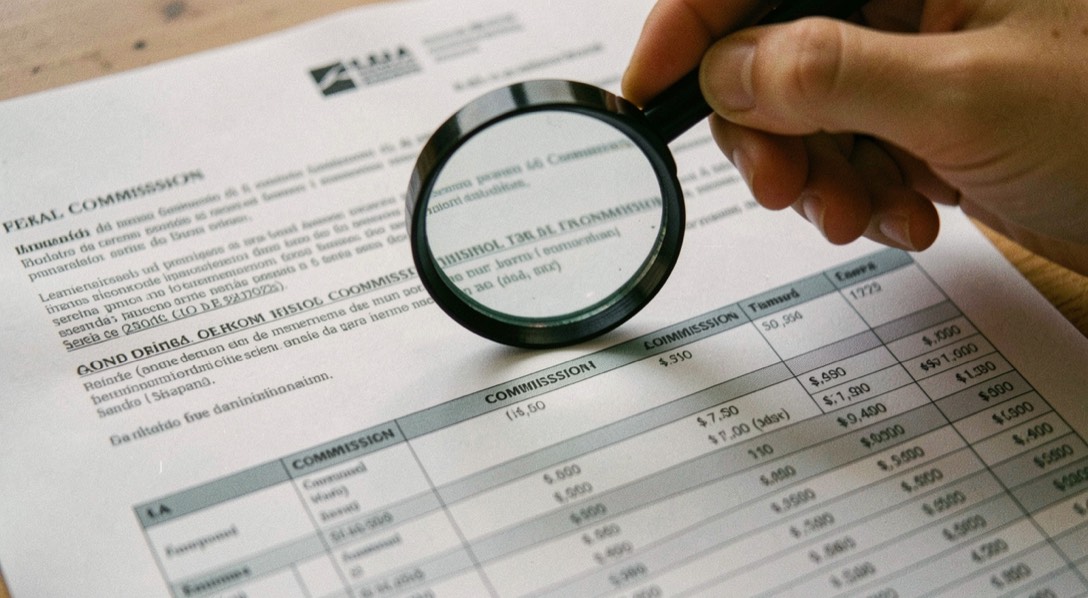 Lente d’ingrandimento sopra un documento informativo finanziario e una tabella di commissioni stampata senza marchi
