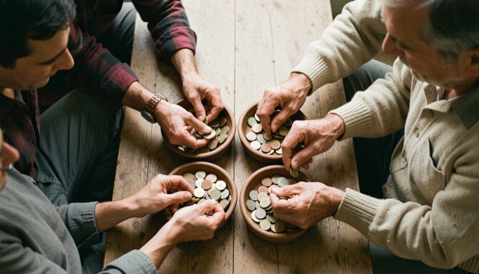 Mani adulte che separano monete in quattro piccoli vassoi per rappresentare diverse famiglie di costo, fotografia dall’alto senza testo