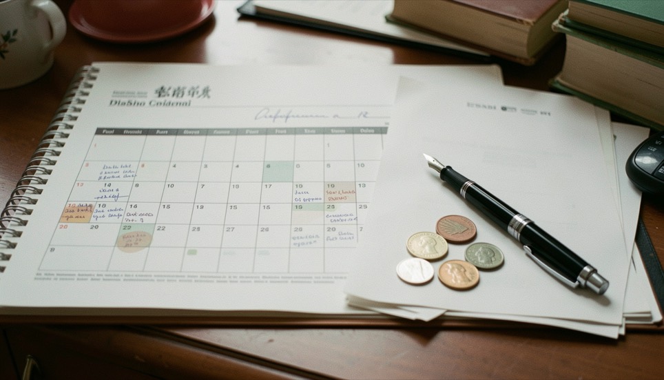 Registro societario con calendario dei dividendi, penna stilografica e monete su una scrivania italiana