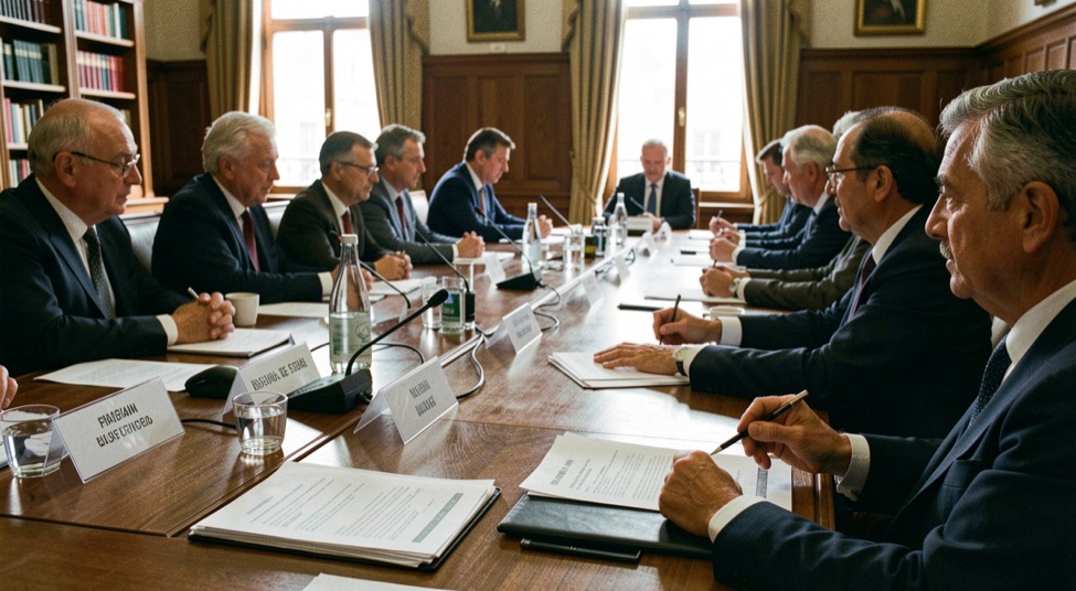 Assemblea societaria italiana ripresa dal fondo della sala con documenti finanziari e partecipanti seduti