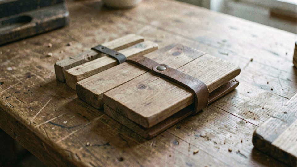 Blocchi di legno di dimensioni diverse disposti come un portafoglio con una fascia di sicurezza su un tavolo reale
