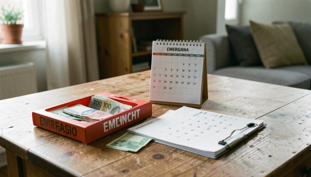 Cartellina di emergenza, contanti per spese impreviste e calendario delle scadenze su un tavolo di casa