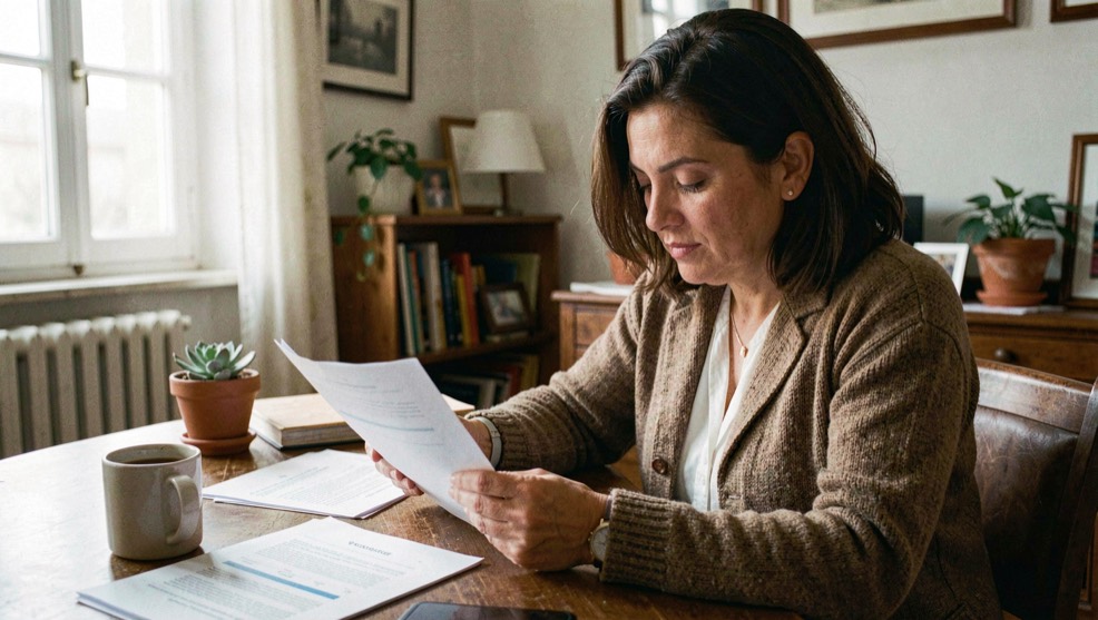 Persona italiana che valuta con calma documenti di investimento e scenari di perdita in uno studio domestico