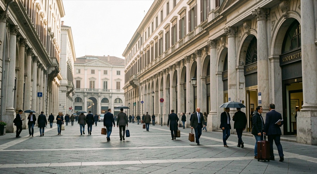 Veduta editoriale di Piazza Affari a Milano al mattino con lavoratori in ingresso e architettura urbana reale