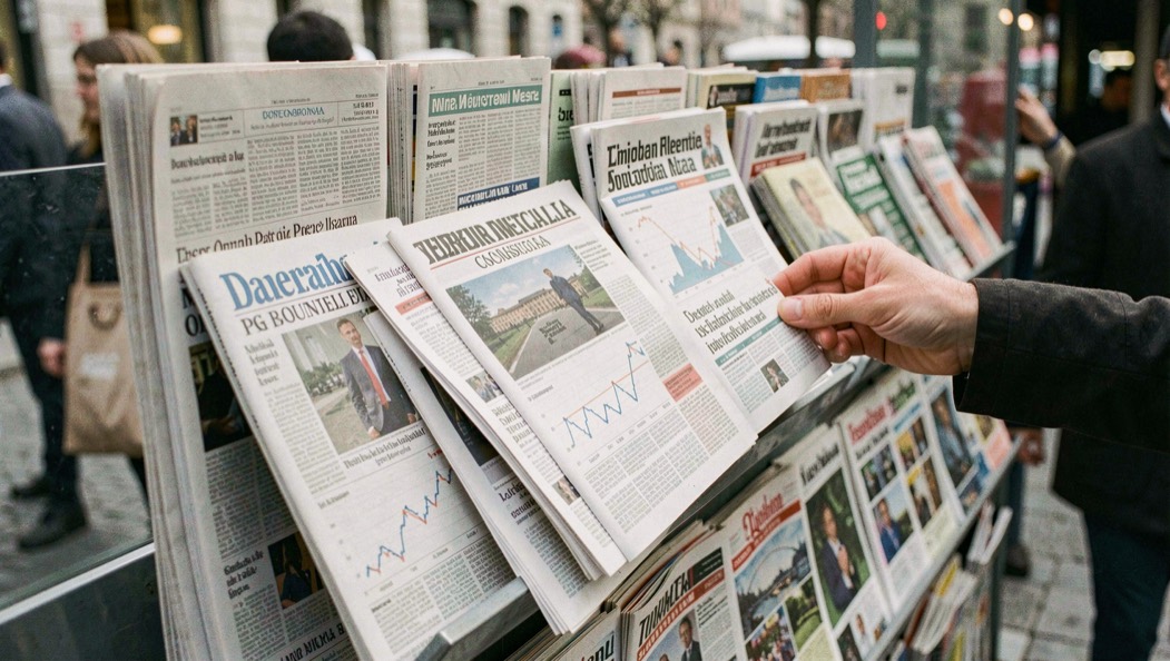 Edicola italiana con quotidiani economici, grafici stampati e una mano che confronta le prime pagine senza marchi leggibili