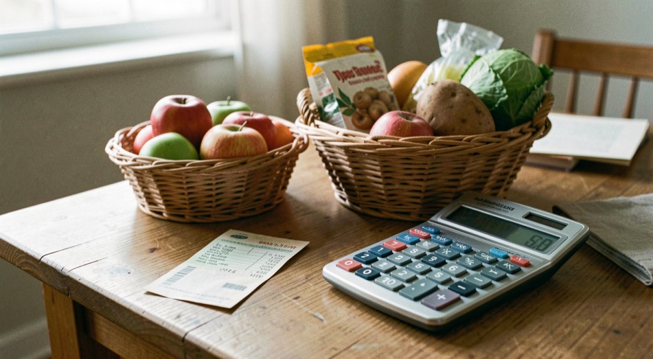 Scontrino della spesa, paniere alimentare e calcolatrice su un tavolo domestico per rappresentare l’inflazione vissuta