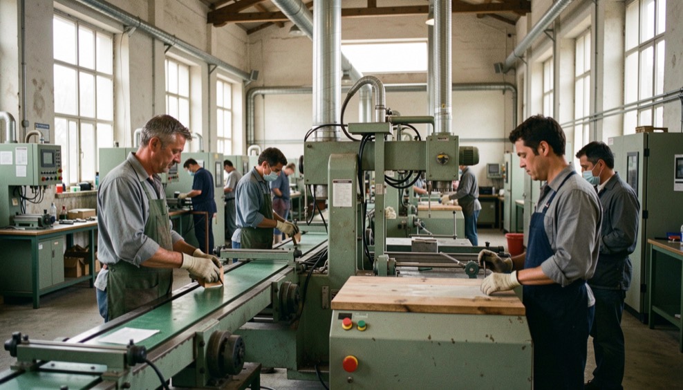 Linea di produzione di una piccola fabbrica italiana con macchinari e lavoratori ripresi in modo naturale