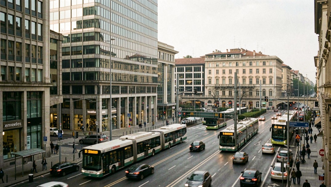 Panorama urbano di Milano con uffici e trasporti in movimento, fotografia documentaria sull’economia reale italiana