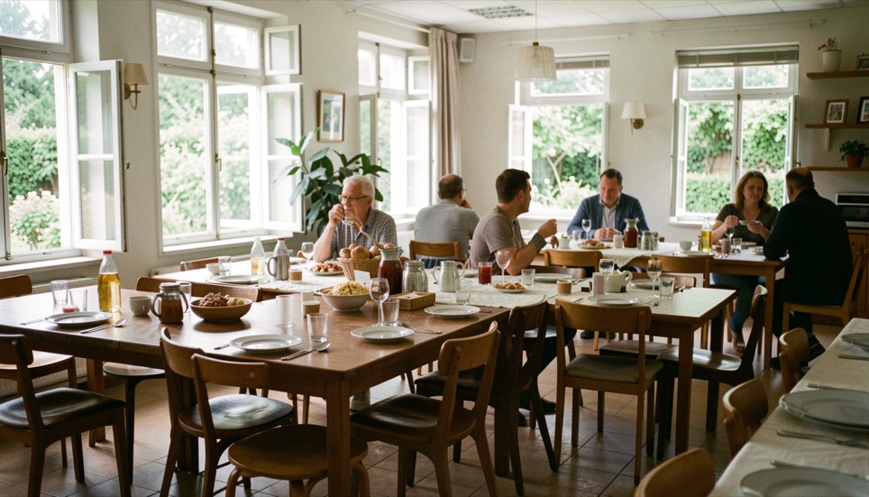 Sala comunitaria con lunghi tavoli apparecchiati per una colazione e finestre luminose aperte sul verde