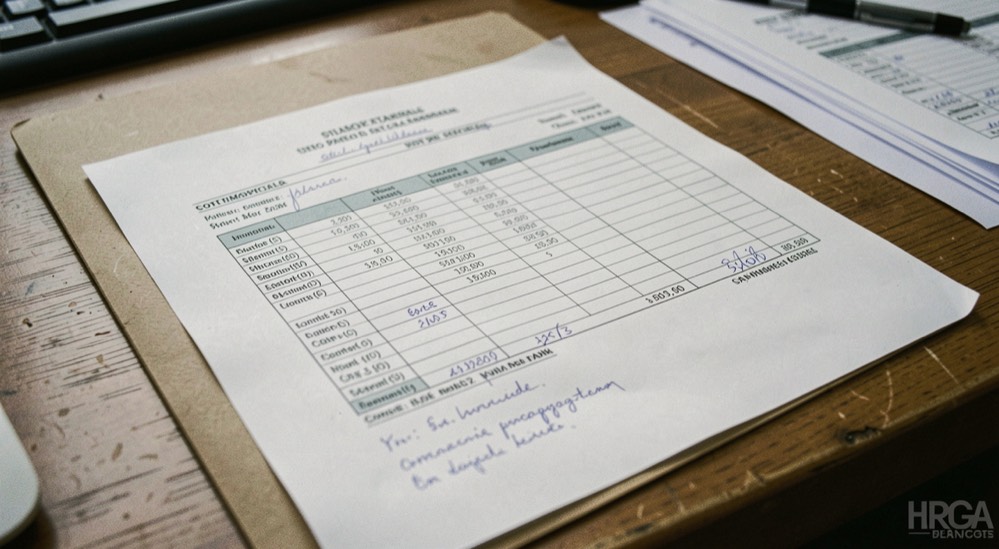 Bilancio aziendale stampato con stato patrimoniale, conto economico e note segnate a matita su una scrivania