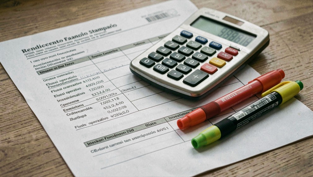 Rendiconto finanziario stampato, calcolatrice e tre evidenziatori usati per distinguere flussi operativi e investimenti
