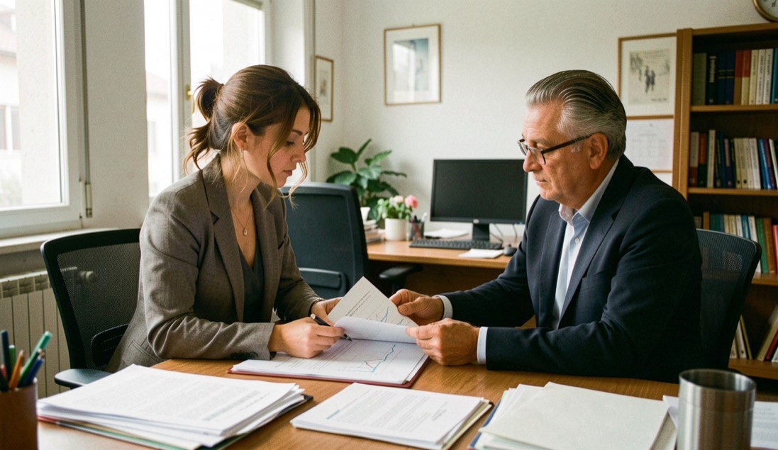 Imprenditrice italiana che esamina il bilancio annuale con il responsabile amministrativo in un ufficio luminoso