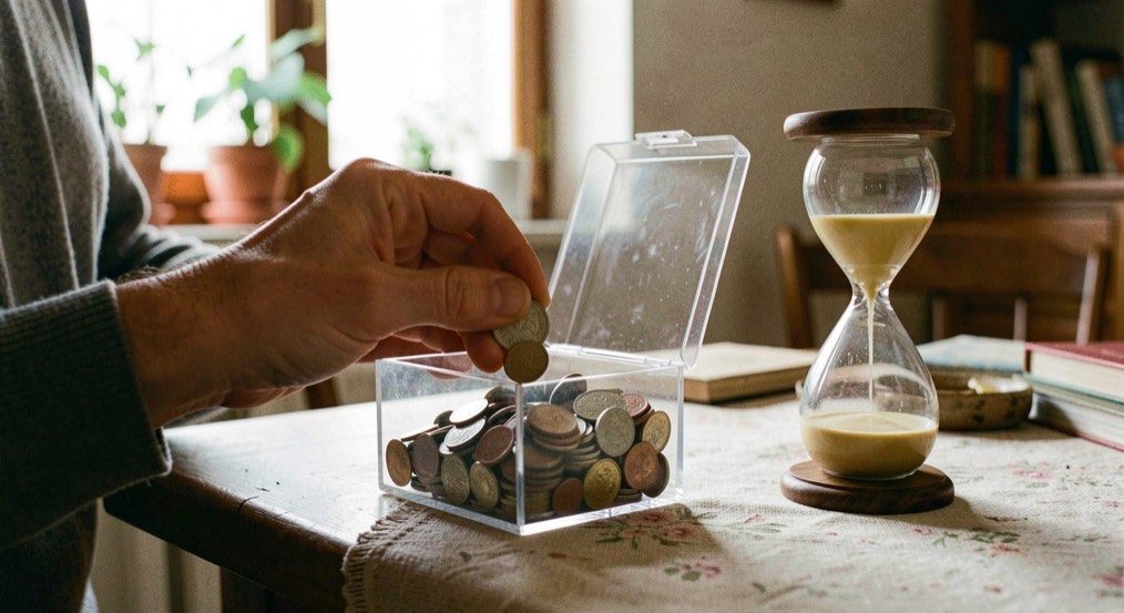 Mano adulta che inserisce monete in una scatola trasparente accanto a una clessidra, fotografia domestica italiana senza testo visibile