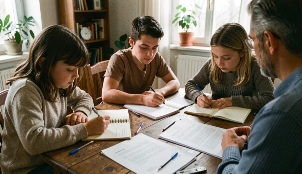Famiglia italiana che pianifica obiettivi di lungo periodo con quaderno e documenti su un tavolo senza guardare la fotocamera