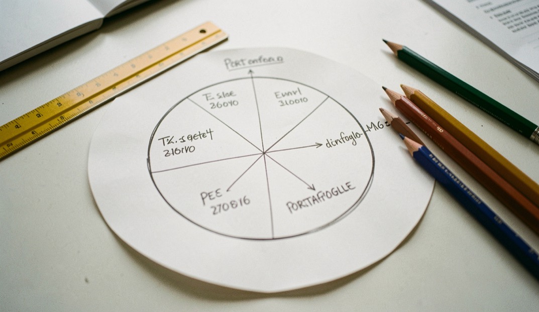 Diagramma circolare disegnato a mano con pesi di portafoglio, righello e matite colorate su un tavolo chiaro