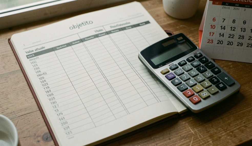 Quaderno con colonne obiettivo e valore attuale, calcolatrice e calendario di revisione annuale