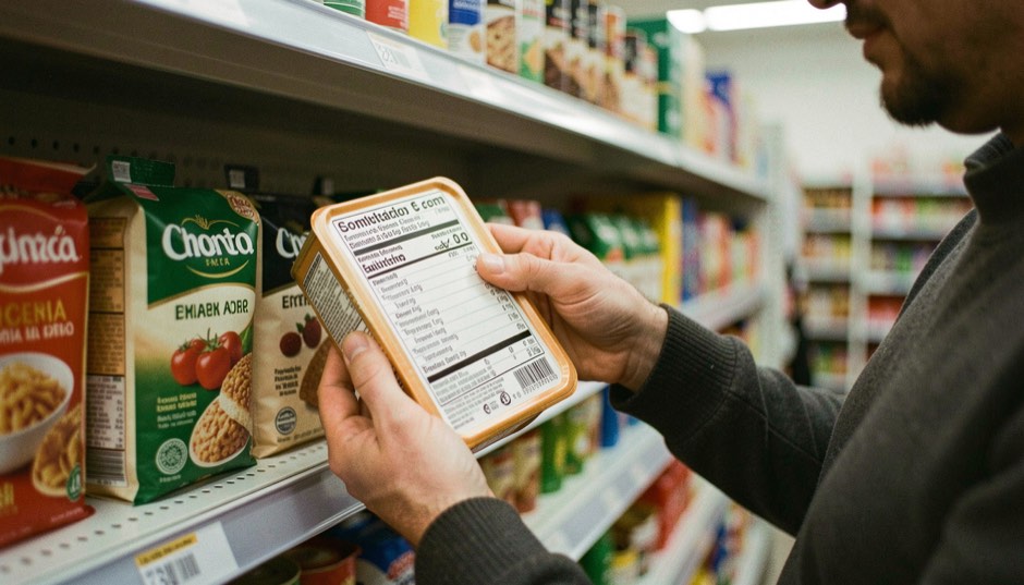 Mano che gira una confezione alimentare per leggere la tabella nutrizionale sullo scaffale di un supermercato italiano