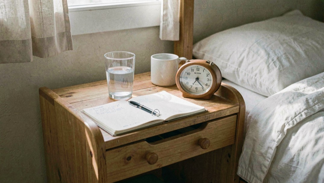 Comodino in legno con diario del sonno, bicchiere d’acqua e sveglia analogica in una camera con luce del mattino