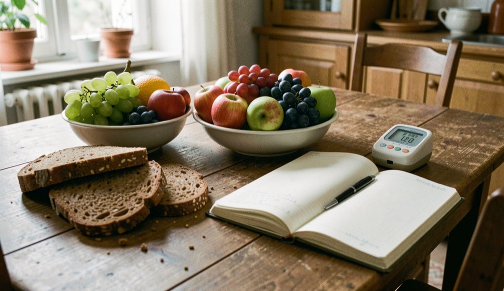 Tavolo di cucina italiano con frutta di stagione, pane integrale, un quaderno aperto e un misuratore di pressione appoggiato, luce naturale